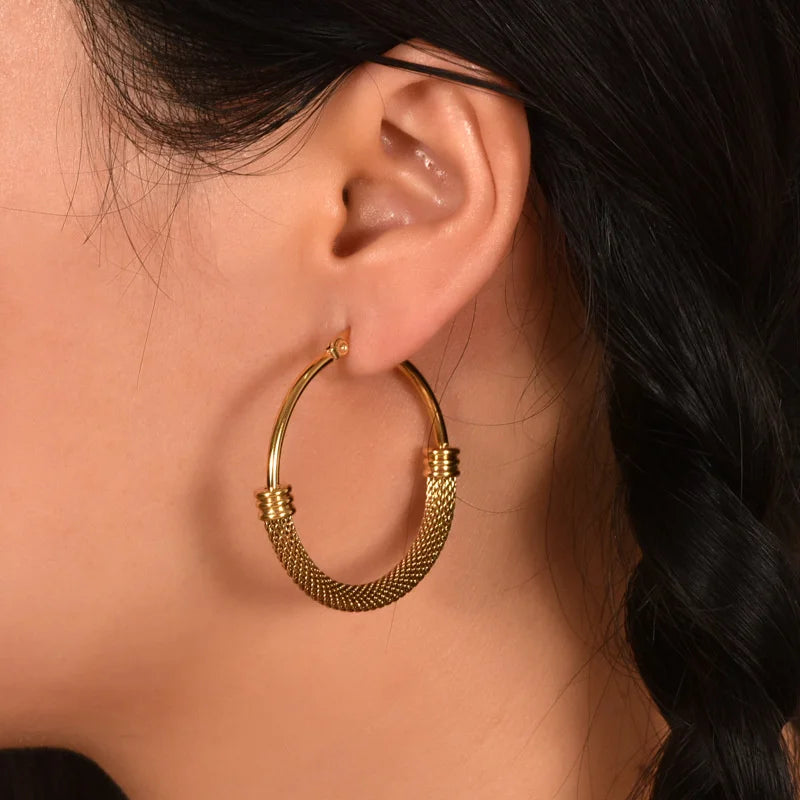 Pendientes AceroPendientes Hoop Mesh & Bead Gold