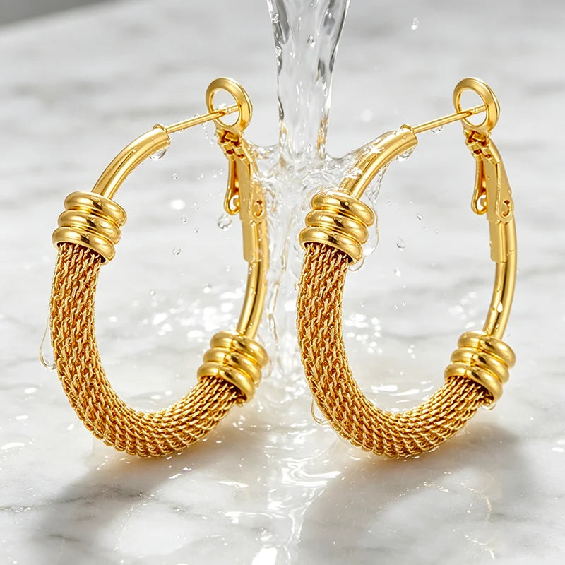 Pendientes AceroPendientes Hoop Mesh & Bead Gold