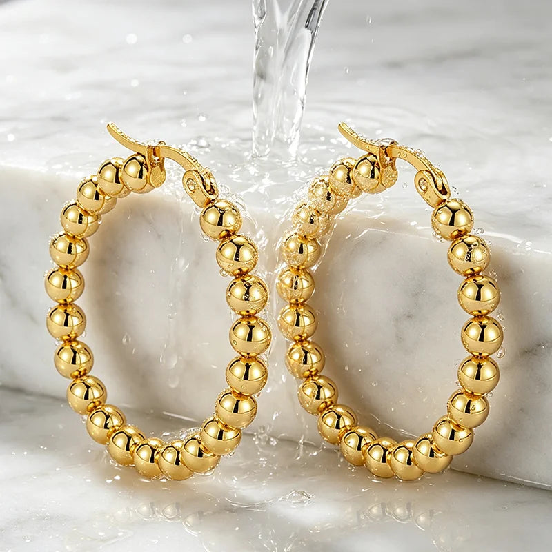 Pendientes AceroPendientes Hoop Mesh & Bead Gold
