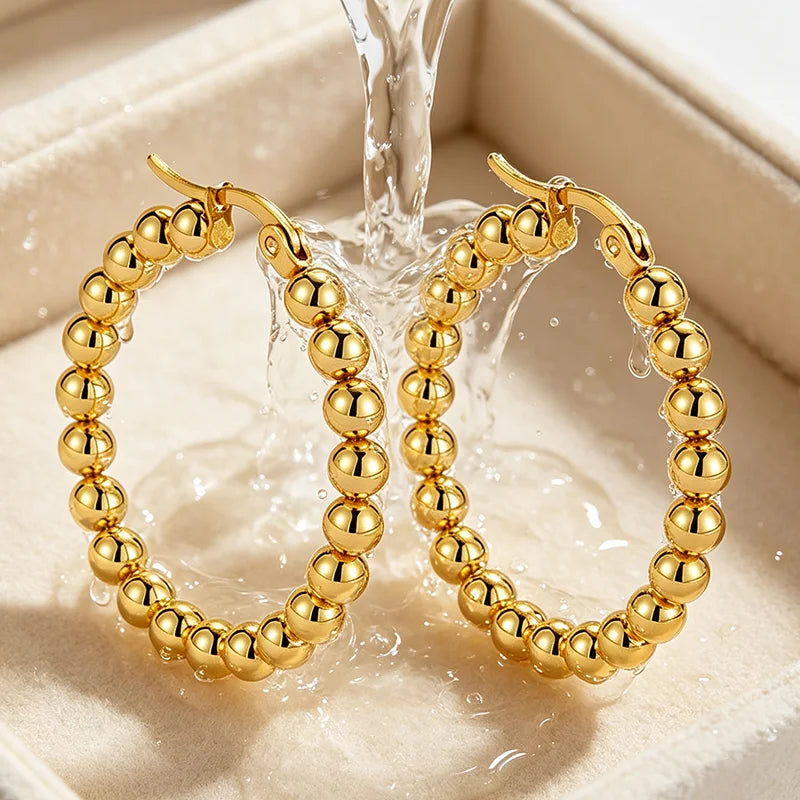 Pendientes AceroPendientes Hoop Mesh & Bead Gold