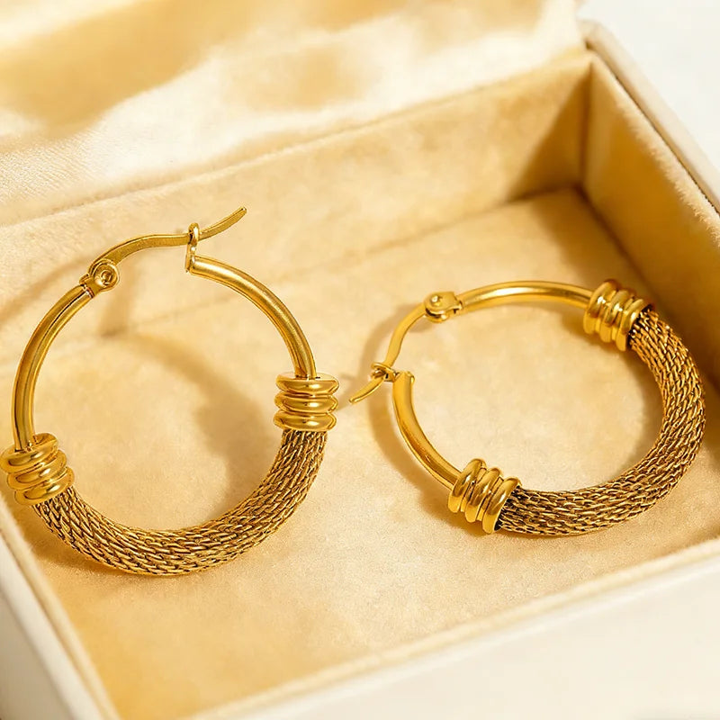 Pendientes AceroPendientes Hoop Mesh & Bead Gold
