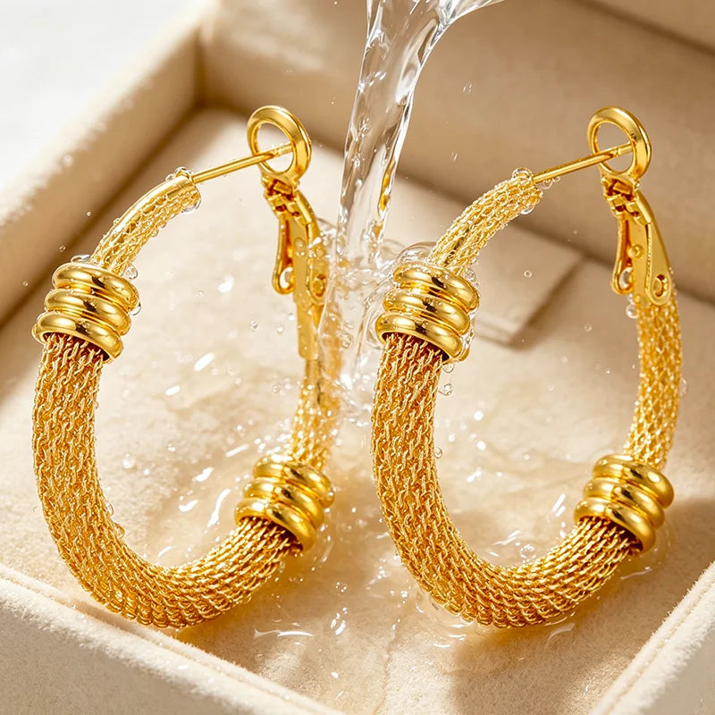 Pendientes AceroPendientes Hoop Mesh & Bead Gold