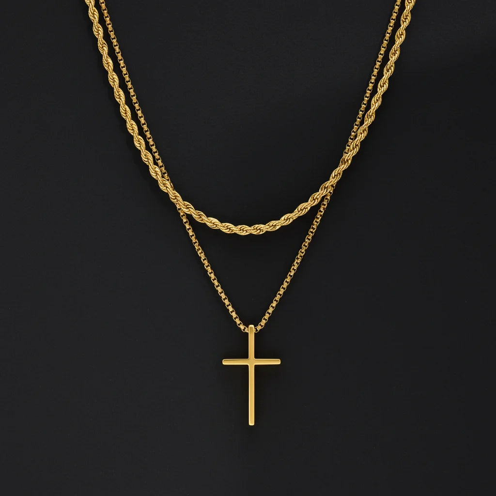Set Doble Collar Cruz & Rope Chain